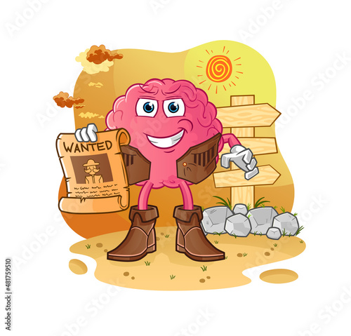 brain cowboy with wanted paper. cartoon mascot vector