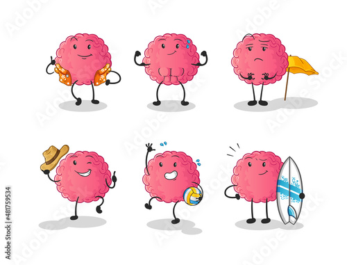 brain beach vacation set character. cartoon mascot vector
