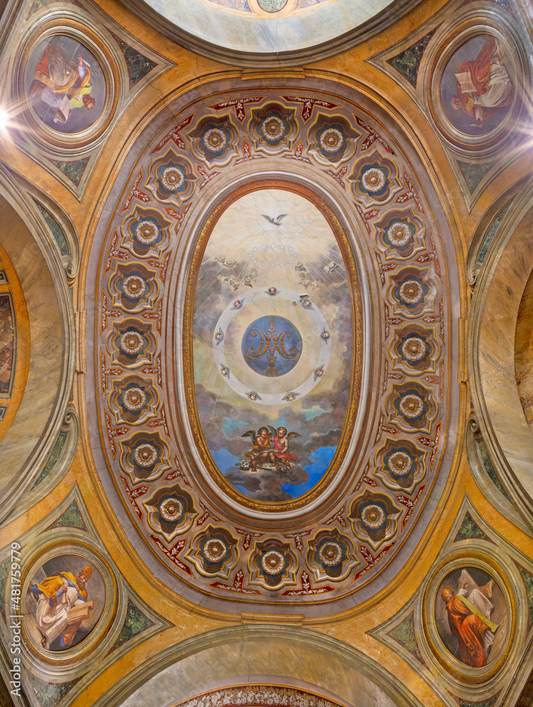 ROME, ITALY - AUGUST 29, 2021: The cupola with the four Doctors of the Church and marianic innitials in the church Chiesa di san Giuseppe alla Lungara by Vincenzo Paliotti (1859).