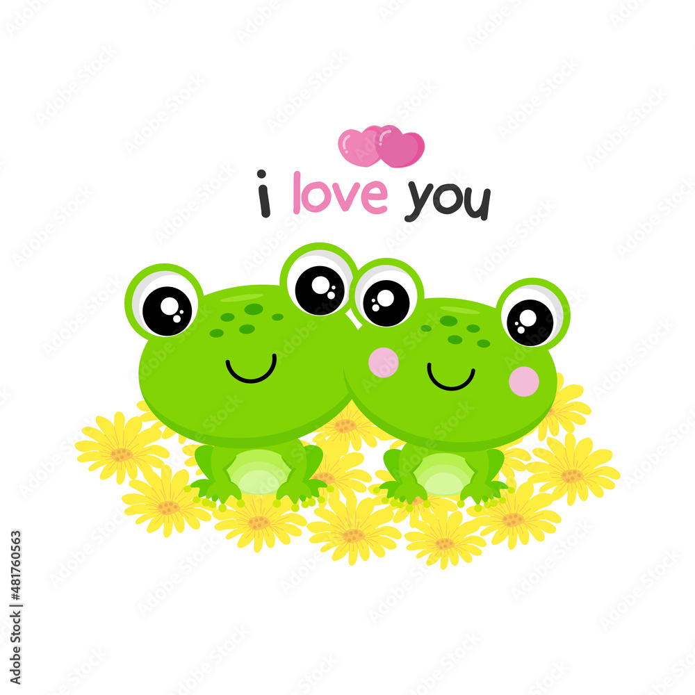 Obraz premium Valentines day greeting card. Cute couple frogs fall in love.