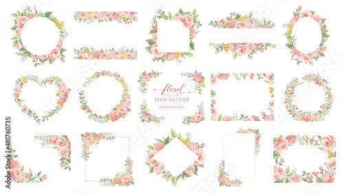 Collection set Beautiful Rose Flower and botanical leaf digital painted illustration for love wedding valentines day or arrangement invitation design greeting card