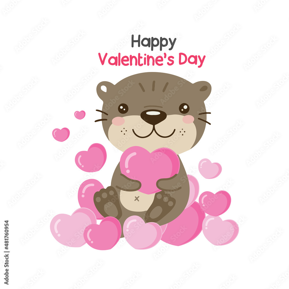 Cute otter holding pink hearts for valentine’s day. Cute otter holding pink hearts for valentine’s day.