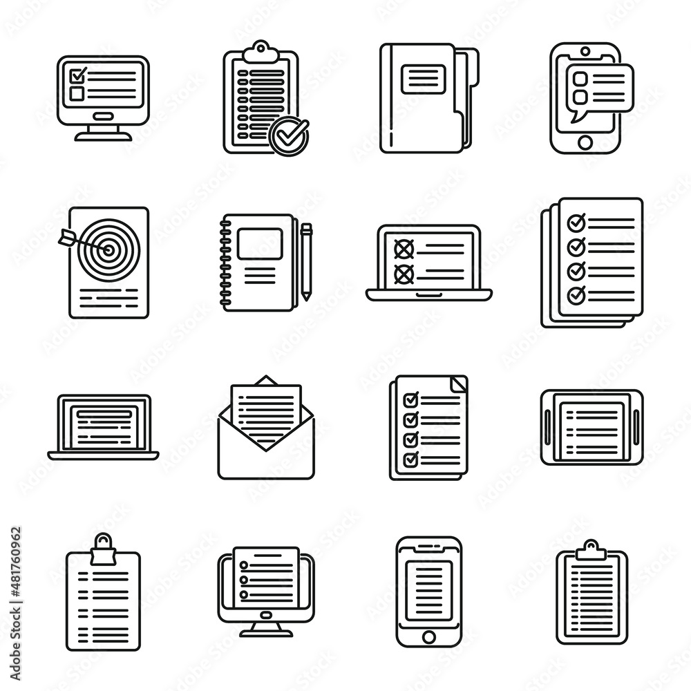 Assignment icons set outline vector. Fast exam Assignment icons set outline vector. Fast exam