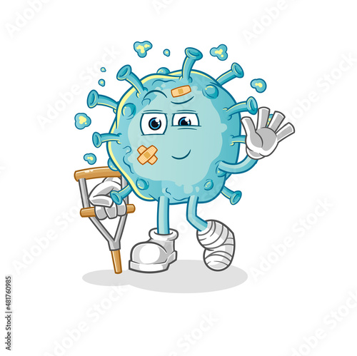 corona virus sick with limping stick. cartoon mascot vector