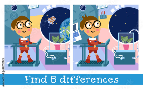 Boy astronaut on space station. Characters in cartoon style. Find 5 differences. Game for children. Vector full color illustration.