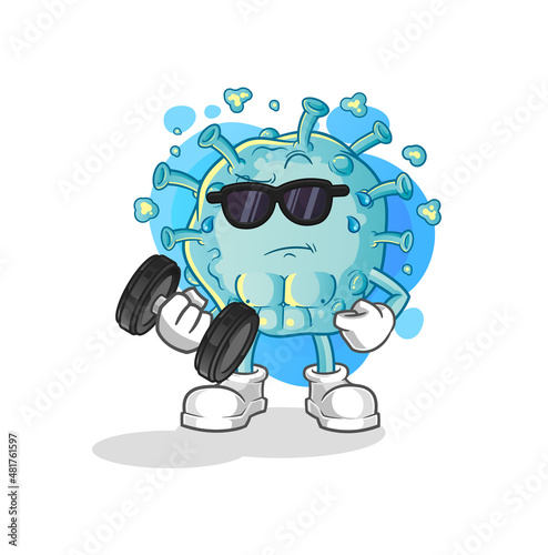 corona virus lifting dumbbell vector. cartoon character