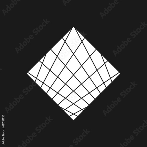 Retrowave, synthwave rhombus 1980s style with perspective grid pattern. Black and white retrowave design element. Rhombus with grid for poster, merch in vaporwave style.