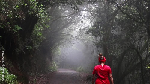 A woman in a red dress traveling through a mysterious overgrown forest full of touching trees forming a tunnel over a path lit by the sun - Parque Nacional de Garajonay, Spain photo