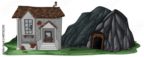 An abandoned house with a rock cave on white background