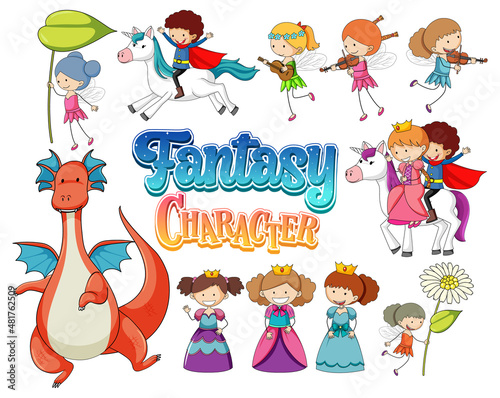 Set of dragons and fairy tale cartoon characters
