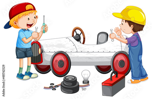 Children repairing a car together