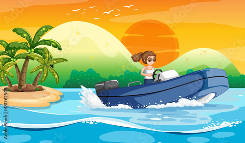 Ocean wave scenery with a woman driving a boat