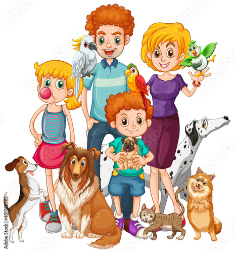 Happy family with their dogs in cartoon style
