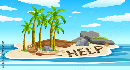 Deserted island with broken boat lying on the beach with help sign