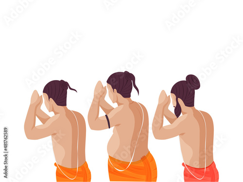 Side View Of Three Saint Or Brahman Doing Namaste (Prayer) In Standing Pose. photo