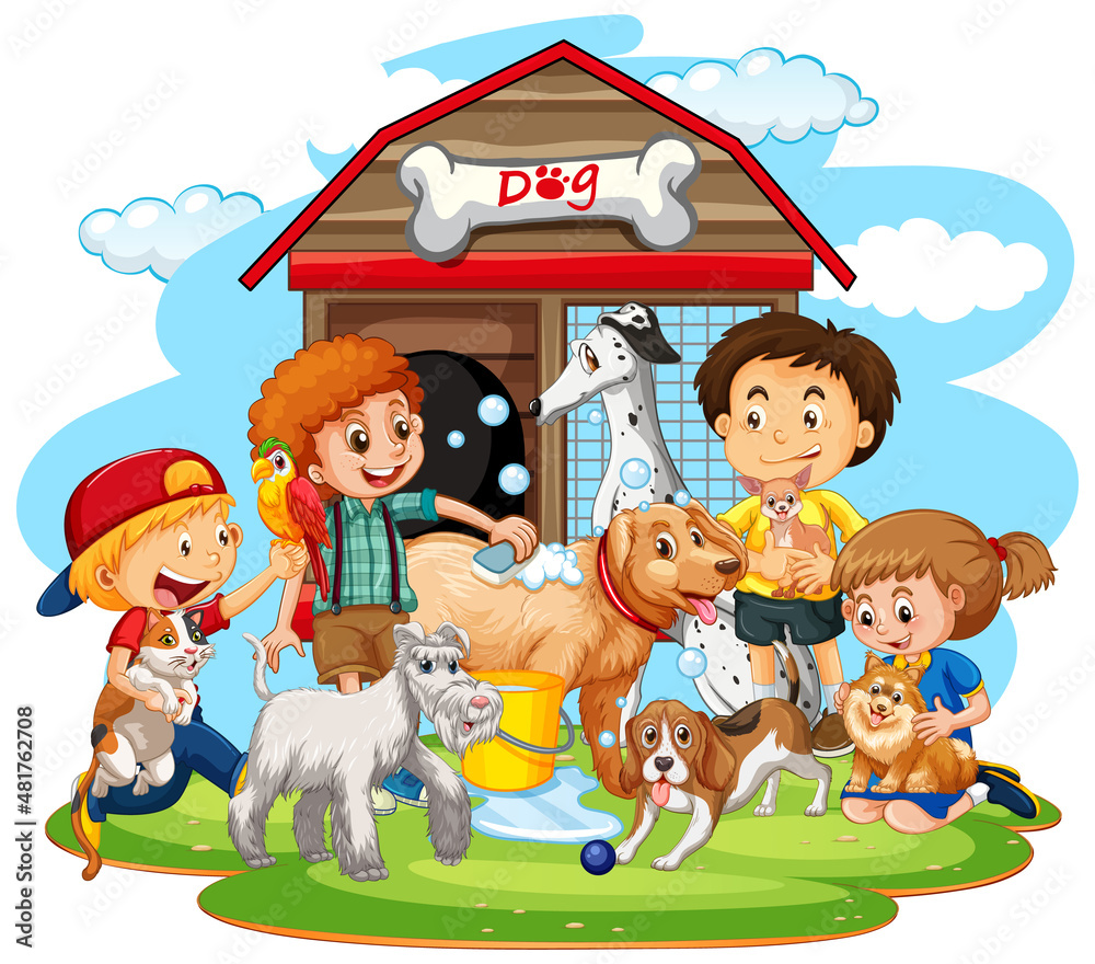 Happy family with their pets in cartoon style
