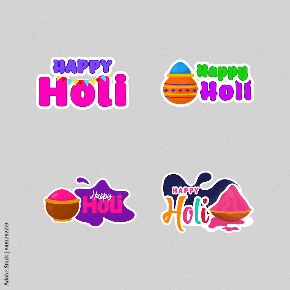 Holi Festival Sticker Collection On Gray Background.