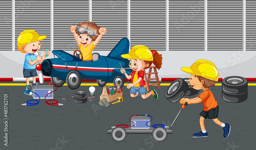 Children repairing a car together in the garage