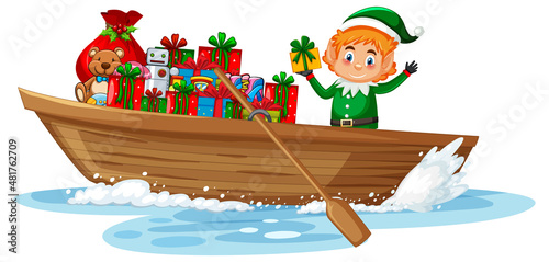 Elf on rowboat with many gift boxes