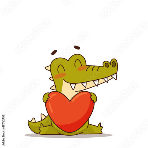 A crocodile in love holds a red heart. Valentine's Day, Valentine postcard. Vector illustration for designs, prints and patterns.