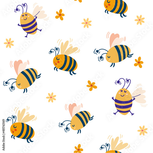 Bees seamless pattern. Flying Cartoon Bumble Bees. Honey bee. Kids background. Spring. Great for decoration flyers, banners, wallpapers, print products Vector cartoon illustration. © PawLoveArt
