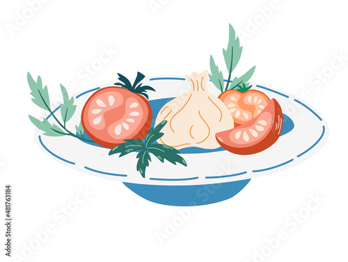 Tomatoes with mozzarella and herbs. Caprese salad, Mozzarella Cheese, sliced tomatoes, basil, oregano spice. Healthy vegetarian food. Perfect for postcard, banner, menu, restaurant. Vector