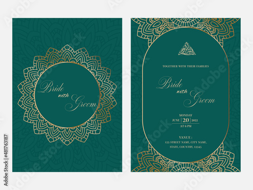 Double-Side Of Islamic Wedding Invitation Card With Arabic Pattern In Green And Golden Color.
