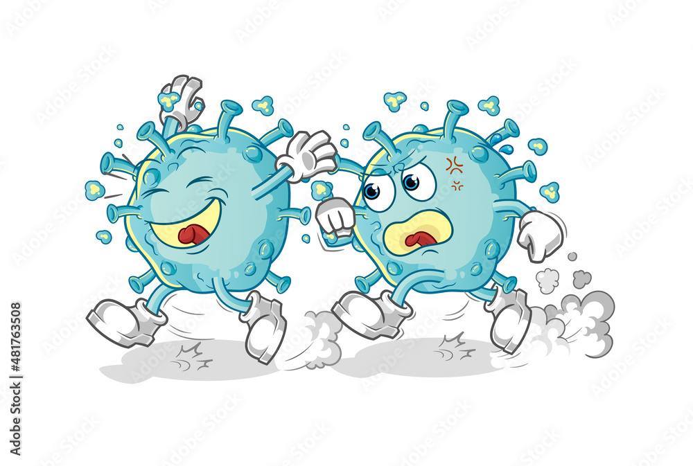 Obraz premium corona virus play chase cartoon. cartoon mascot vector