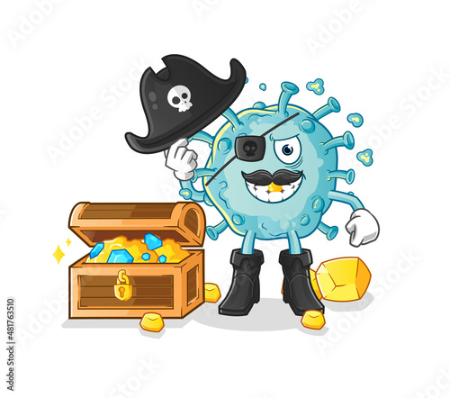 corona virus pirate with treasure mascot. cartoon vector