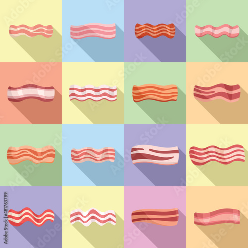 Bacon icons set flat vector. Meet food