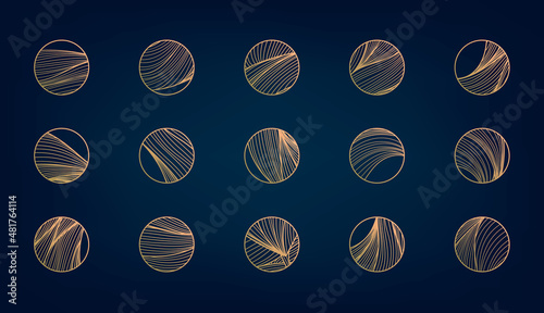 Vector set of abstract wavy minimal line organic circle logos. Marble line emblem for business, badge, print, icon, highlight stories. Nature, landscape, meditation, spa, cosmetics concepts.