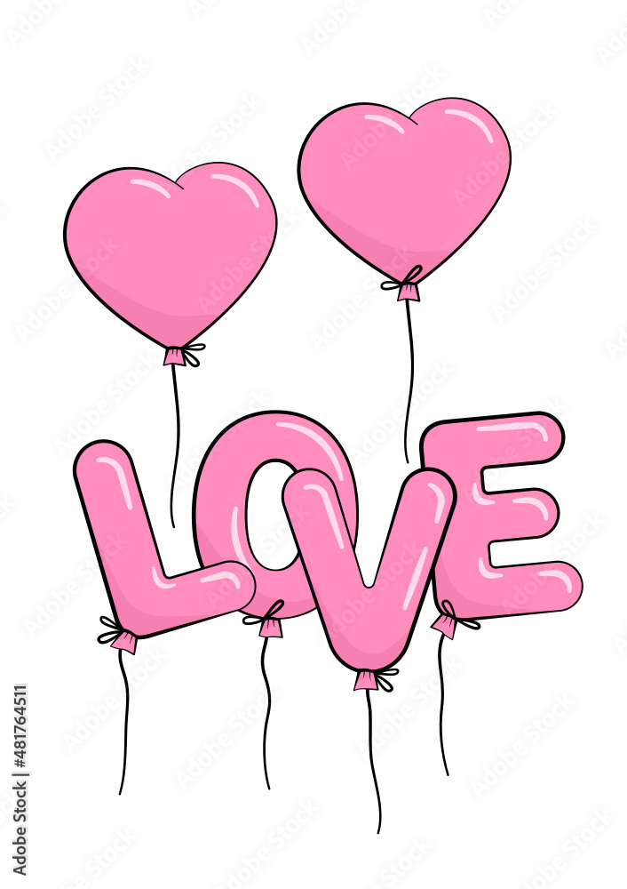 Two balloons and the word LOVE made of balloons in the shape of letters. Valentine's day. Vector