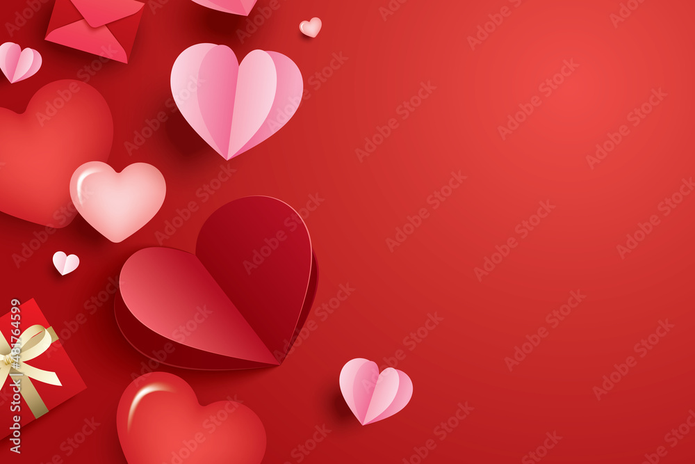 Happy valentines day with paper hearts and copy space on red background.