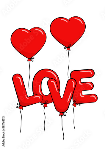 Two balloons and the word LOVE made of balloons in the shape of letters. Valentine's day. Vector