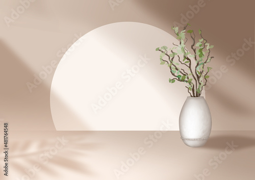 Abstract geometric shape beige color minimalist scene with vase and green leaves. Design for cosmetic or product identity and packaging display background. 3d render.