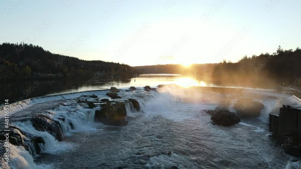 Flying over waterfalls with sunset behind Flying over waterfalls with sunset behind