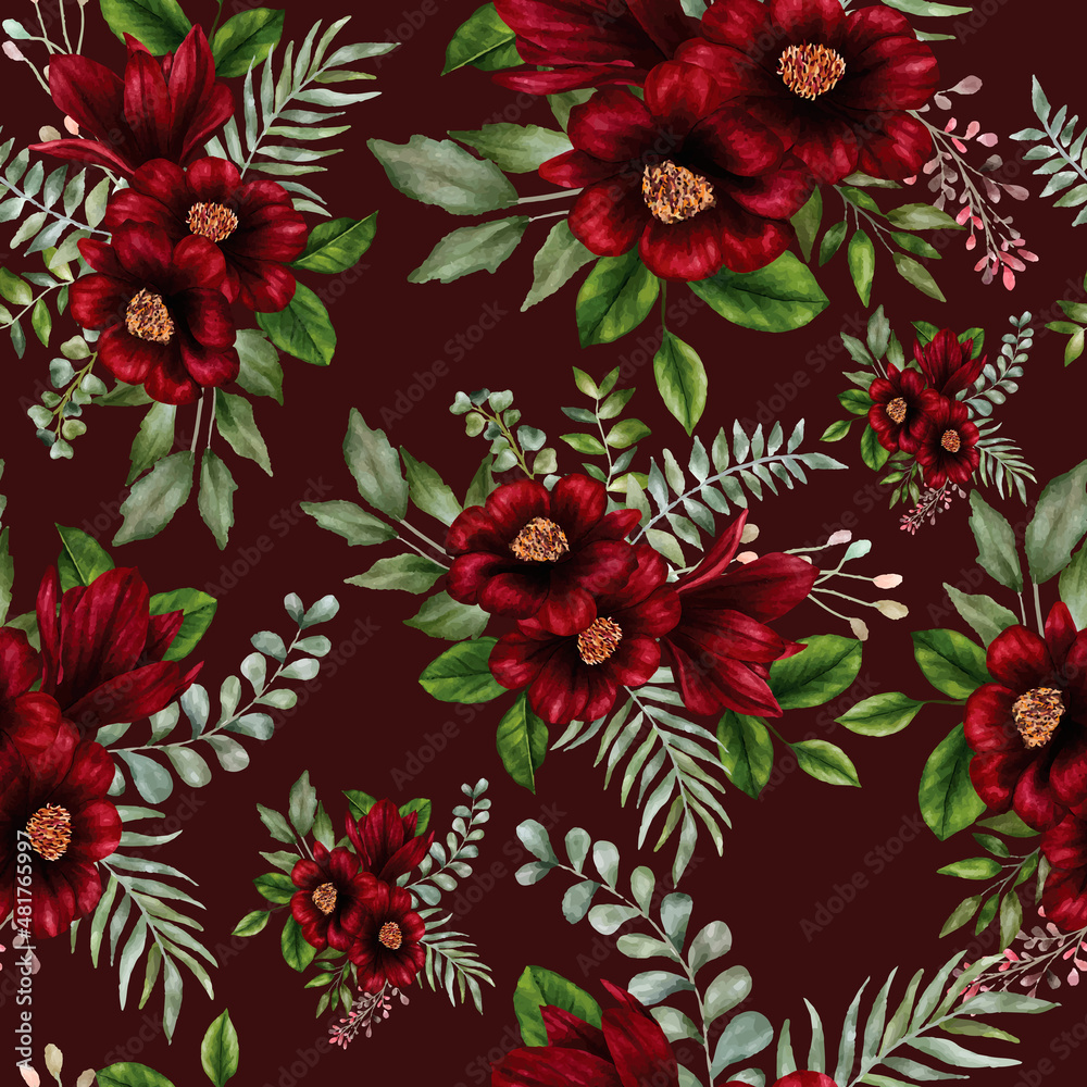 Beautiful watercolor red flower seamless pattern