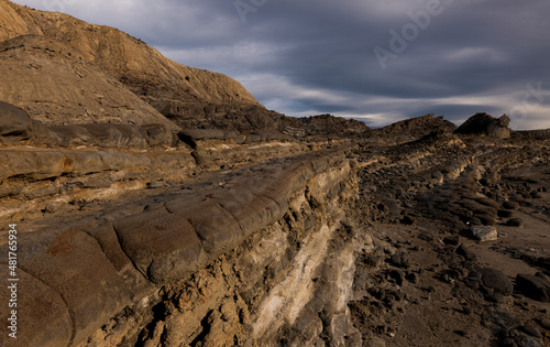 Landscape of Tabernas Desert, Almeria, Spain, against cloudy sky