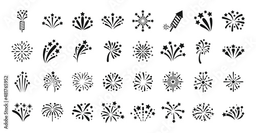 Firework icons set simple vector. New year celebrate