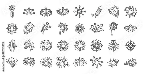 Firework icons set outline vector. New year celebrate