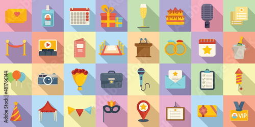 Event management icons set flat vector. Conference participant