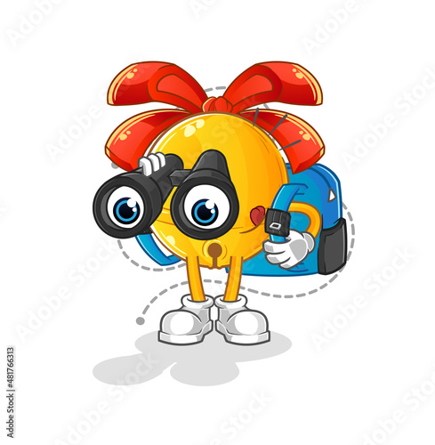jingle bell with binoculars character. cartoon mascot vector