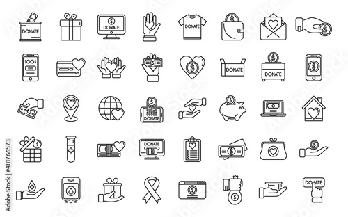 Charitable giving icons set outline vector. Donate food
