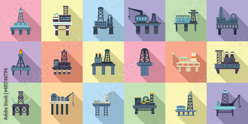Sea drilling rig icons set flat vector. Oil industry