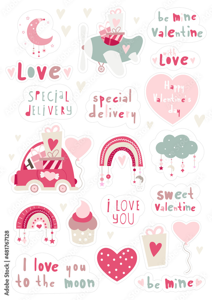 Valentines Day Sticker Set, hand cut lines. Love clipart, heart, car, sweets, romantic phrases. Vector illustration. Valentines Day Sticker Set, hand cut lines. Love clipart, heart, car, sweets, romantic phrases. Vector illustration.