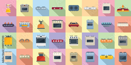 Burning gas stove icons set flat vector. Kitchen cooking