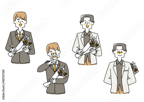 花束を持っている男性のセット　渡す方でももらう方でも　暖かみのある手書きのイラスト　白バックにベクター