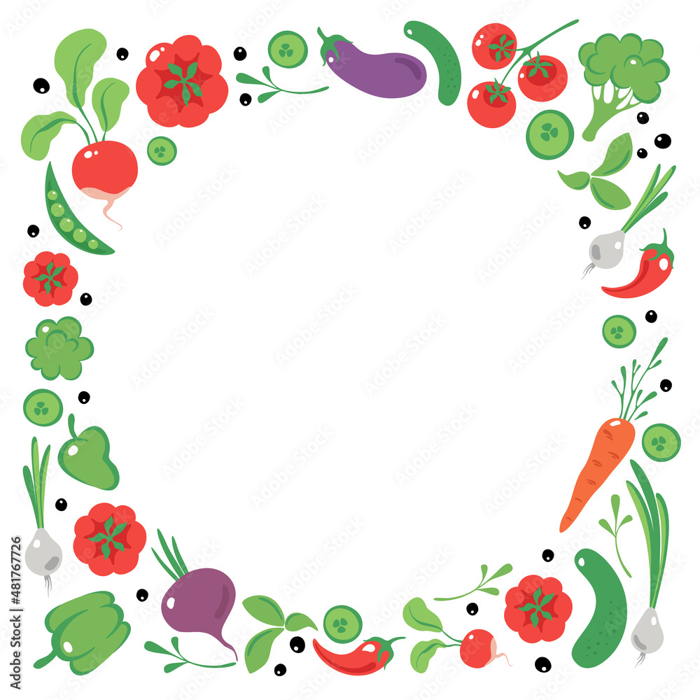 Colorful Frame Of Vegetables. Healthy diet concept, balanced nutrition, dietetic or organic products. Vector illustration in a flat style Colorful Frame Of Vegetables. Healthy diet concept, balanced nutrition, dietetic or organic products. Vector illustration in a flat style