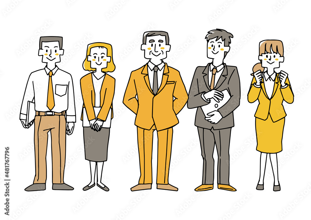直立する職場のチーム　コミカルな手書きの人物　ベクター線画にシンプルな色つけ　白バ