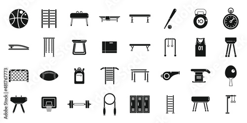 School gym icons set simple vector. Club equipment